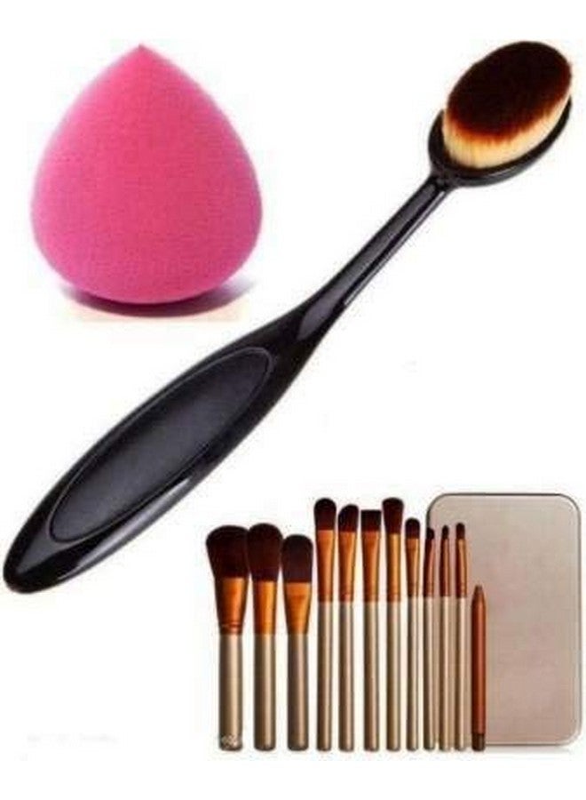 LELE Makeup Brushes Kit Set Of 12 With A Silver Storage Box And One Oval Brush And One Sponge Puff - Image 1