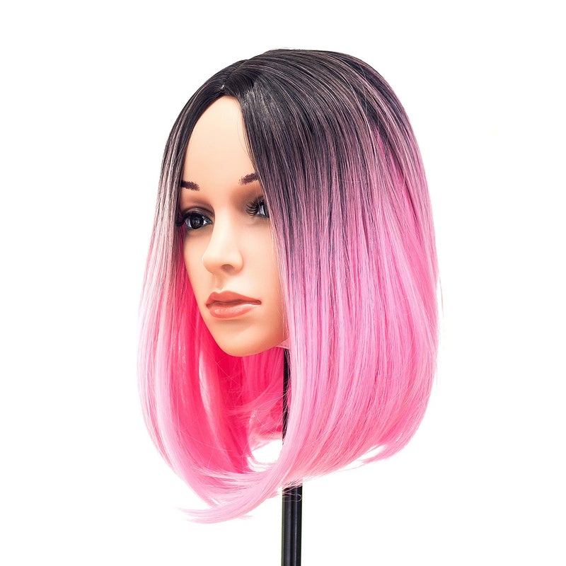 SWACC Ombre Colors Straight Short Hair Bob Wig Synthetic Colorful Cosplay Daily Party Flapper Wig for Women with Wig Cap Pink