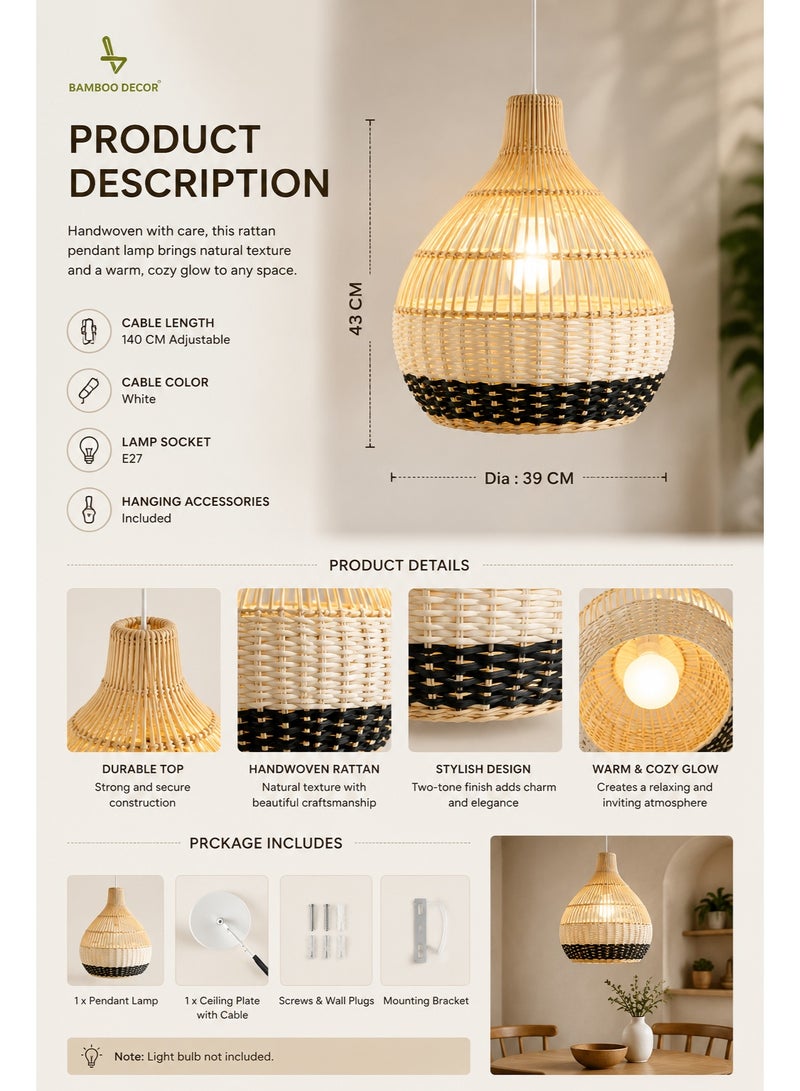 BAMBOO DECOR Handmade Pendant Lamp Made Of Bamboo And Rattan black and white  color semi  paint - Image 2