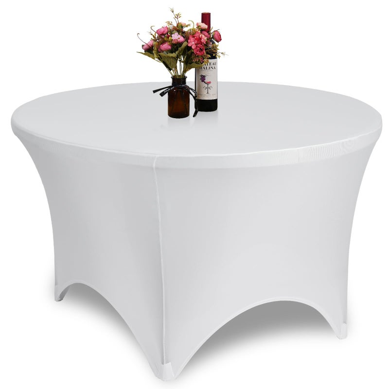 GFCC 4 Foot (48") Table White Round Stretch Tablecloth Spandex Fitted Stretchable Elastic Tablecloth - Image 1