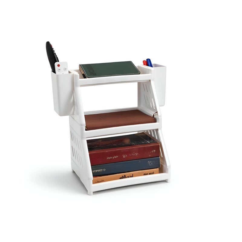 Multi-Compartment Organizer - 9-Piece Desk Setup with Three Shelves, Four Side Supports, and Two Pen Cases in Colorful Design (white) - Image 1