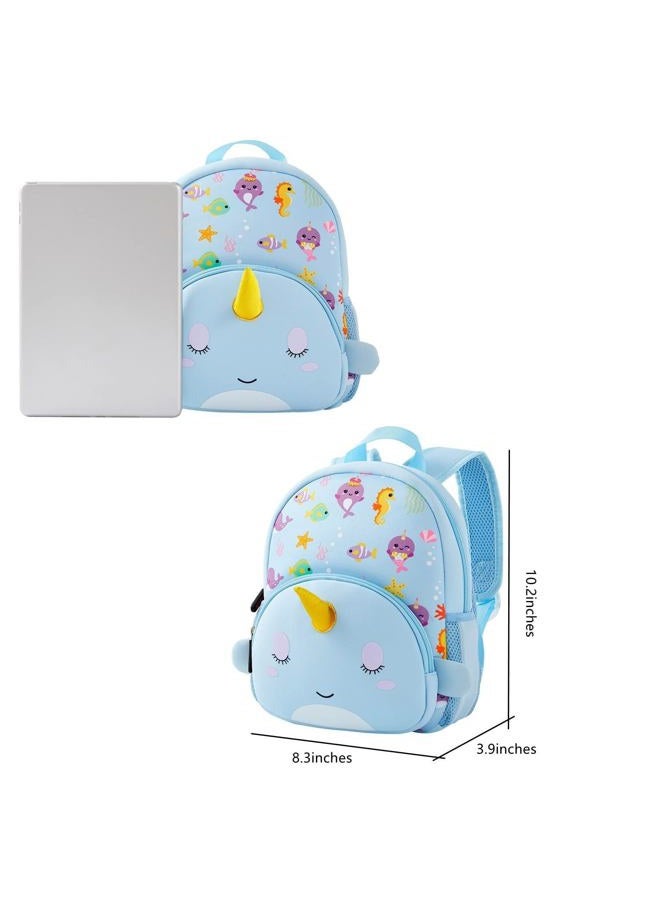 KK CRAFTS Preschool Backpack Toddler Neoprene Animal Waterproof Schoolbag Lunch backpack for Kids Boys Girls, Blue Narwhal - Image 3