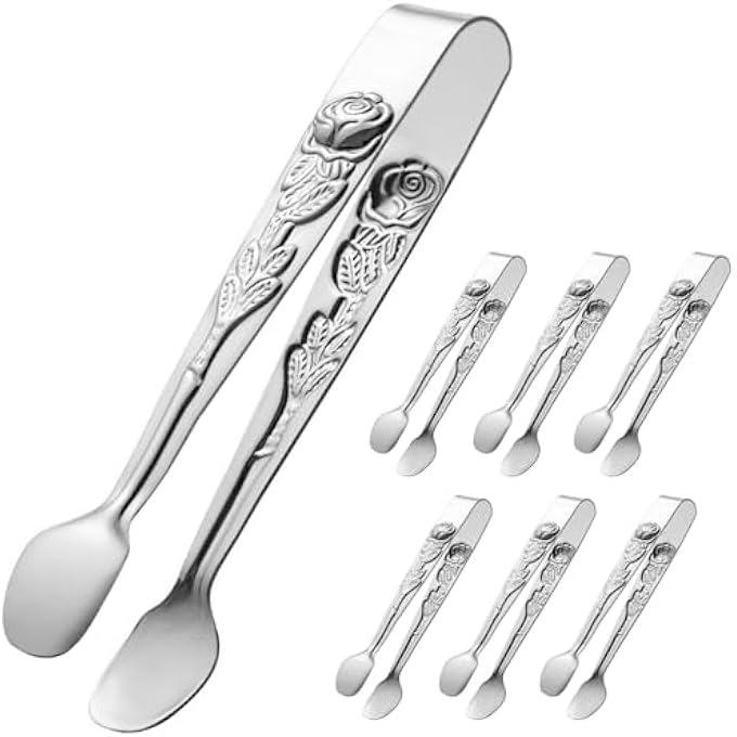 SWIUKPHE ملقط تقديم صغير 5 بوصة ملقط مقبلات صغير 6 قطع ملقط تقديم صغير ممتاز ملقط مقبلات صغير من الفولاذ المقاوم للصدأ باللون الفضي - Image 1