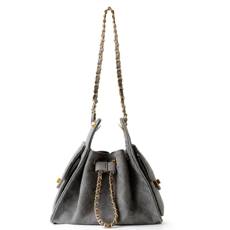Sheepskin Suede Textured Commuter Quilted Underarm Bag With Vintage Chain And Drawstring For Women - Image 1