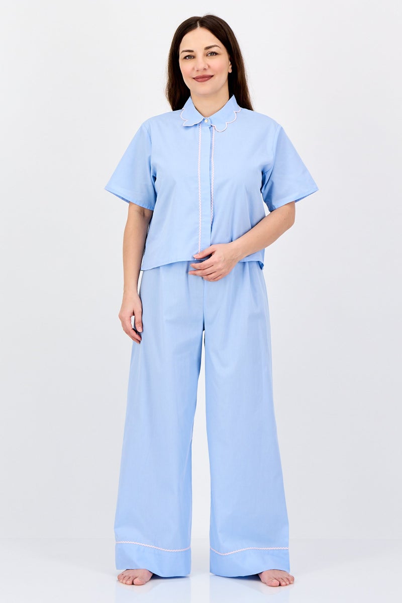 bebe Women 2 Pieces Sleepwear Pyjama Top and Pants Set, Blue - Image 1