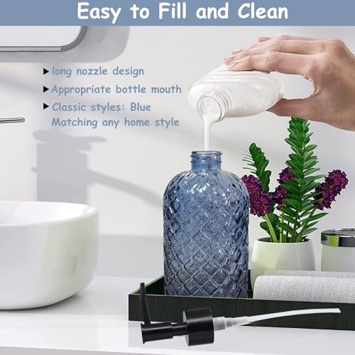 YYTSGG Blue Glass Dish Soap Dispenser for Kitchen, 12oz Refillable Liquid Hand Soap Dispenser Set, Crystal Lotion Bottle for Modern Home Decor, Bathroom Countertop, Hotel - Image 3