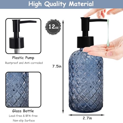 YYTSGG Blue Glass Dish Soap Dispenser for Kitchen, 12oz Refillable Liquid Hand Soap Dispenser Set, Crystal Lotion Bottle for Modern Home Decor, Bathroom Countertop, Hotel - Image 2
