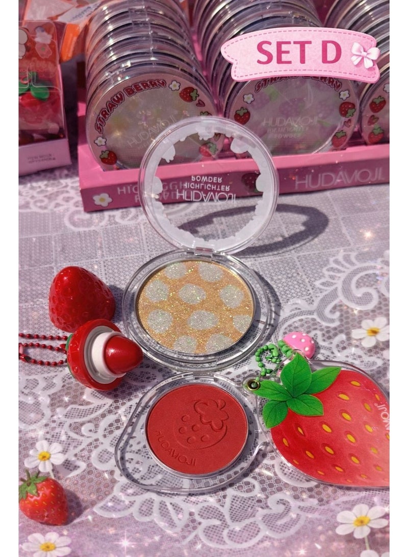 Hudaviojl Strawberry Makeup Set 3 in 1 Blush Highlighter Lip Balm – Cute Design - Image 1