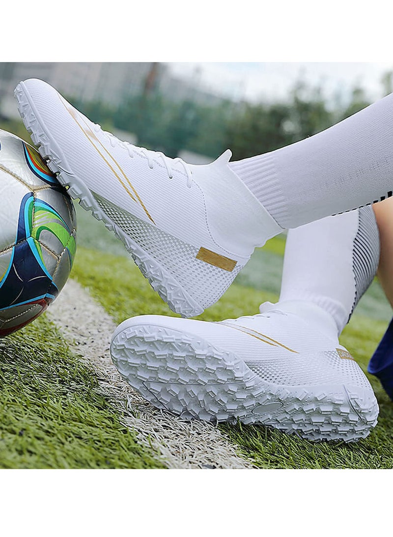 Football Boots Kids Boys Unisex-Adult Football Shoes Sneakers Men's/Women's High Top Non-Slip Trainers Sport Soccer Shoes Soccer Athletics Training Shoes Youth Students (White)  - Image 1