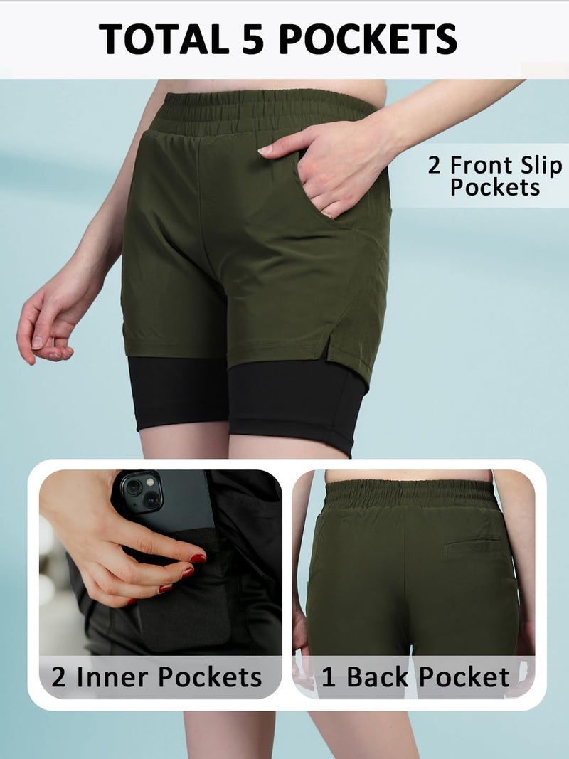 CHKOKKO Gym Shorts for Women Workout Sports Running Quick Dry Fit Double Layer Inner Compression with Pockets Breathable Lightweight Olive Black M - Image 3