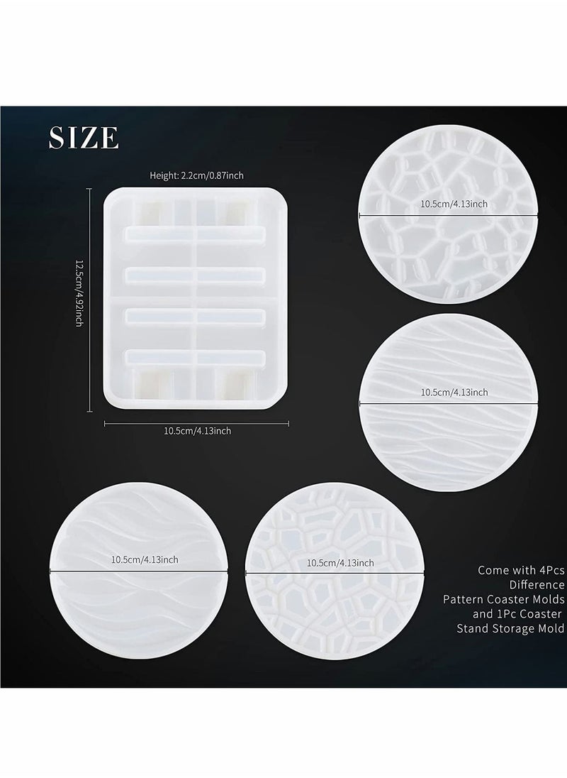 Y&D - Coaster Resin Mold, 4Pcs Different Pattern Molds with 1Pc Stand Storage Molds, Silicone for DIY Epoxy Casting Coasters Home Decoration (Set 5 Pack) - Image 1