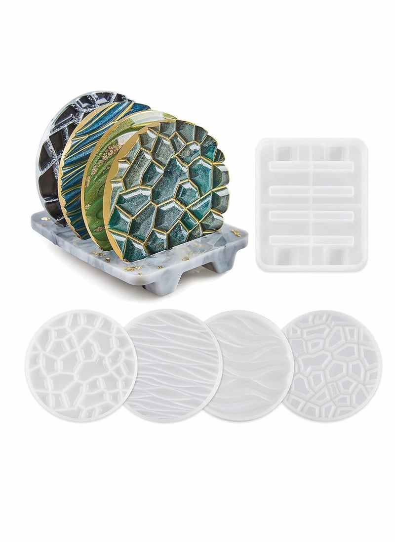 Y&D - Coaster Resin Mold, 4Pcs Different Pattern Molds with 1Pc Stand Storage Molds, Silicone for DIY Epoxy Casting Coasters Home Decoration (Set 5 Pack) - Image 1