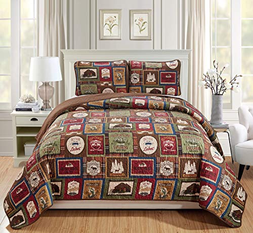 Rugs 4 Less Southwestern Great Outdoors Wilderness Cabin Lodge and Lakehouse 3Piece Quilt Bedding Set with Plaid Patterns and Outdoor Destination Signs Quilted Bedspread KingCalKing  Lodge