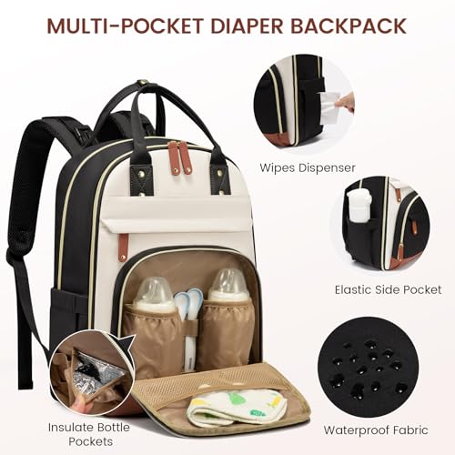 LOVEVOOK Diaper Bag Backpack, Baby Bag with Changing Pad, Large Diaper Backpack Boy Girl, Waterproof Baby Registry Bag for Mom Dad with Stroller Buckles, Beige Brown Black - Image 3