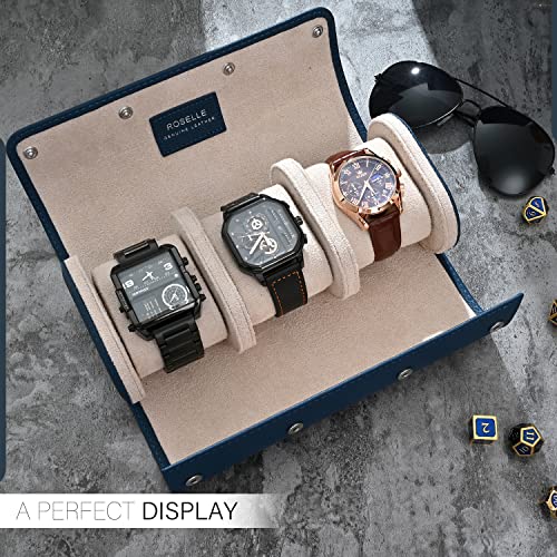ROSELLE Genuine Leather Watch Roll Travel Case - Watch Roll Case For 3 Watches With Luxury Lining - Protect, Travel,Store, & Display Fine Watches (3 slot Blue-Genuine Leather) - Image 3