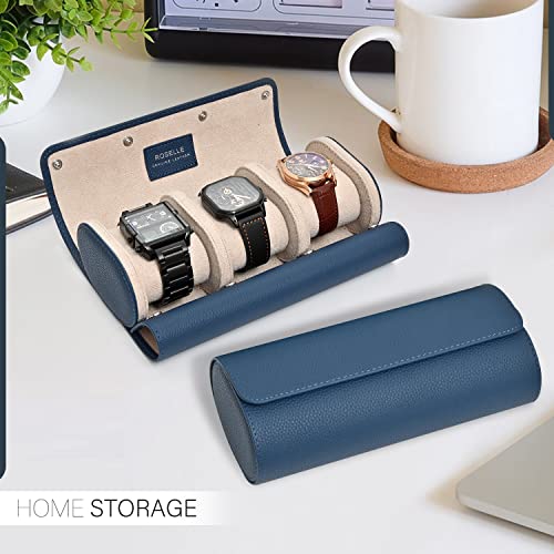 ROSELLE Genuine Leather Watch Roll Travel Case - Watch Roll Case For 3 Watches With Luxury Lining - Protect, Travel,Store, & Display Fine Watches (3 slot Blue-Genuine Leather) - Image 5