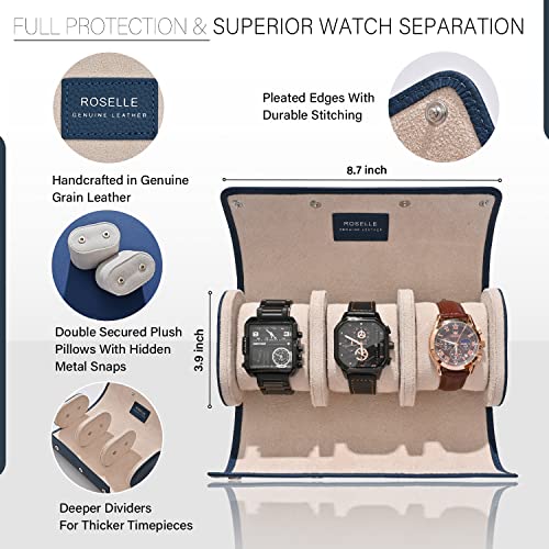 ROSELLE Genuine Leather Watch Roll Travel Case - Watch Roll Case For 3 Watches With Luxury Lining - Protect, Travel,Store, & Display Fine Watches (3 slot Blue-Genuine Leather) - Image 2