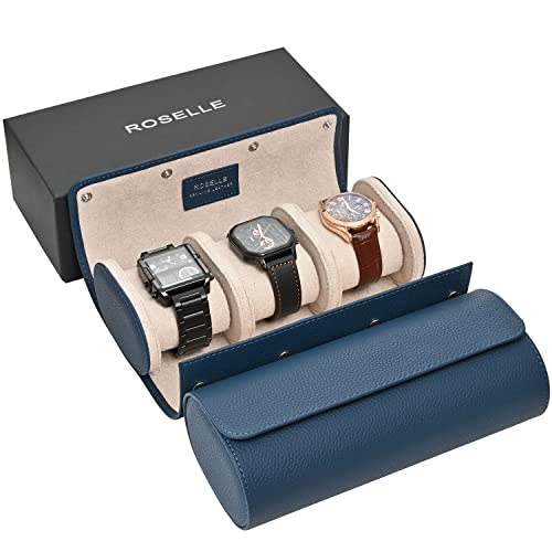 ROSELLE Genuine Leather Watch Roll Travel Case - Watch Roll Case For 3 Watches With Luxury Lining - Protect, Travel,Store, & Display Fine Watches (3 slot Blue-Genuine Leather) - Image 1