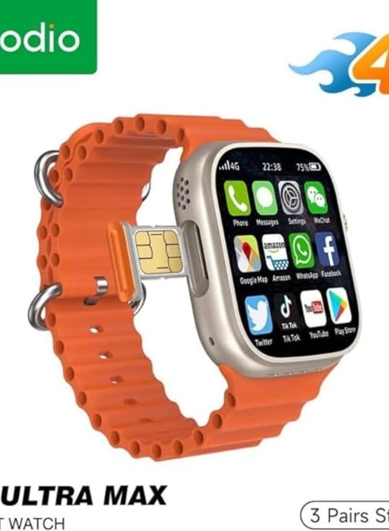 modio Modio 4G Ultra SIM Smartwatch, 2.2" HD Display, 4/64GB, Notifications, GPS, Waterproof, Heart Rate Monitor, Apps Access,3 Straps: Leather & Stainless Steel, Bluetooth Calls, YouTube, Facebook - Image 5