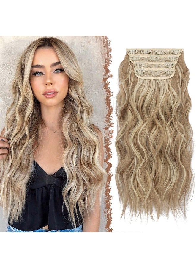 FESHFEN وصلات شعر بمشبك 4 قطع أشقر رمادي داكن مختلط أشقر مبيض سميك قطعة شعر طويلة مموجة بمشبك وصلات شعر كاملة الرأس من الألياف الصناعية للنساء 20 بوصة 180 جرام - Image 2