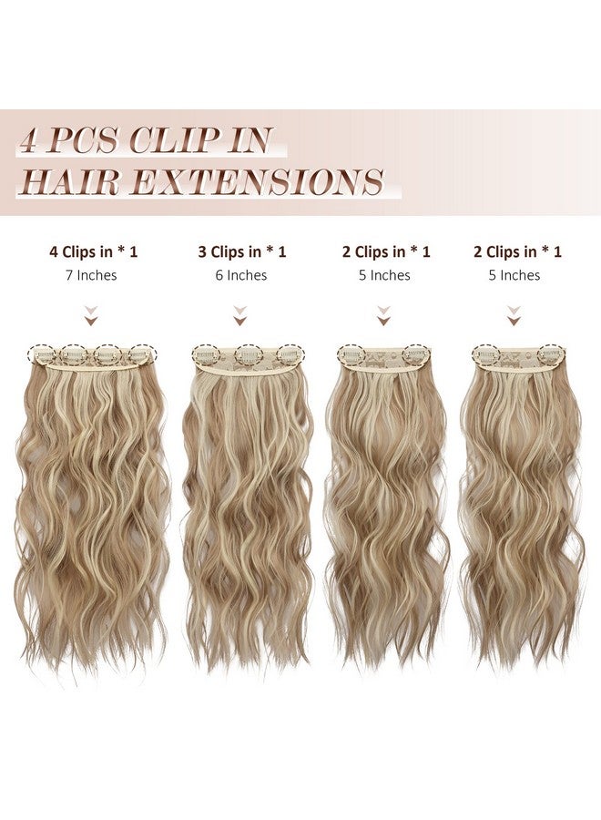 FESHFEN وصلات شعر بمشبك 4 قطع أشقر رمادي داكن مختلط أشقر مبيض سميك قطعة شعر طويلة مموجة بمشبك وصلات شعر كاملة الرأس من الألياف الصناعية للنساء 20 بوصة 180 جرام - Image 3