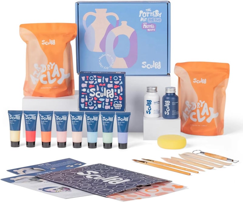 Sculpd - The Original Pottery Kit for Adults - Air Dry Clay for Adults, Tools, Varnish, Paints, Brushes, Couples Date Night Arts & Crafts Set, Gloss Varnish with Pastel Tones - Image 1