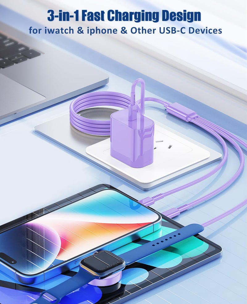Hcoob for Apple Watch Charger Fast Charging,3 in 1 Multi Chargers Cable with 20W USB C Charger, iWatch Charger Cord 6FT for iWatch Series Ultra2/SE/10/9/8/7/6/5/4/3/iPhone 15 16 Pro Max/14/13/12/11(Purple) - Image 2
