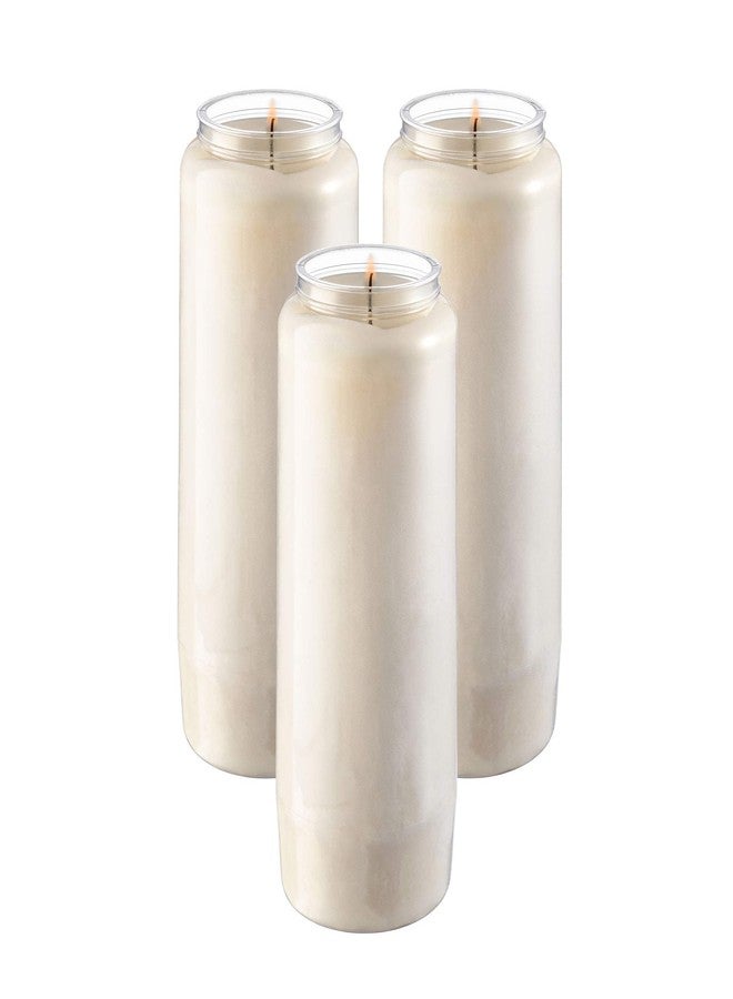 Tribello 9 Day Candles, 3 Pack - 7' White Pillar Candles for Memorial, Prayer, Party Decor, and Emergency Use - Unscented, Slow Burning 100% Vegetable Wax in Plastic Jar - Image 1