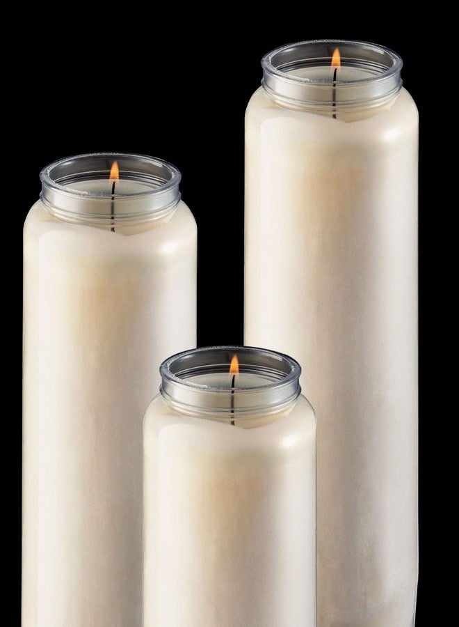 Tribello 9 Day Candles, 3 Pack - 7' White Pillar Candles for Memorial, Prayer, Party Decor, and Emergency Use - Unscented, Slow Burning 100% Vegetable Wax in Plastic Jar - Image 2
