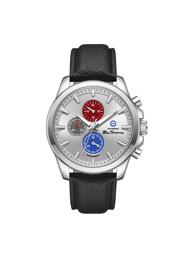 Ben Sherman Oxford Silver Dial Black Genuine Leather Strap Chronograph Watch for Men, 44mm - Image 1