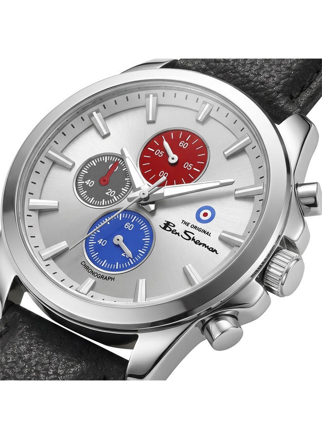 Ben Sherman Oxford Silver Dial Black Genuine Leather Strap Chronograph Watch for Men, 44mm - Image 2