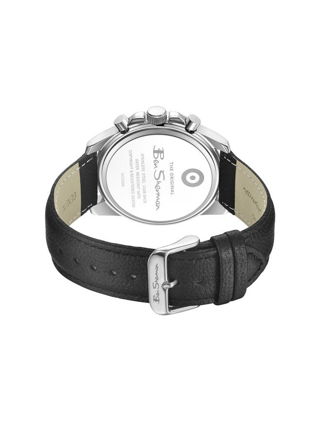 Ben Sherman Oxford Silver Dial Black Genuine Leather Strap Chronograph Watch for Men, 44mm - Image 3
