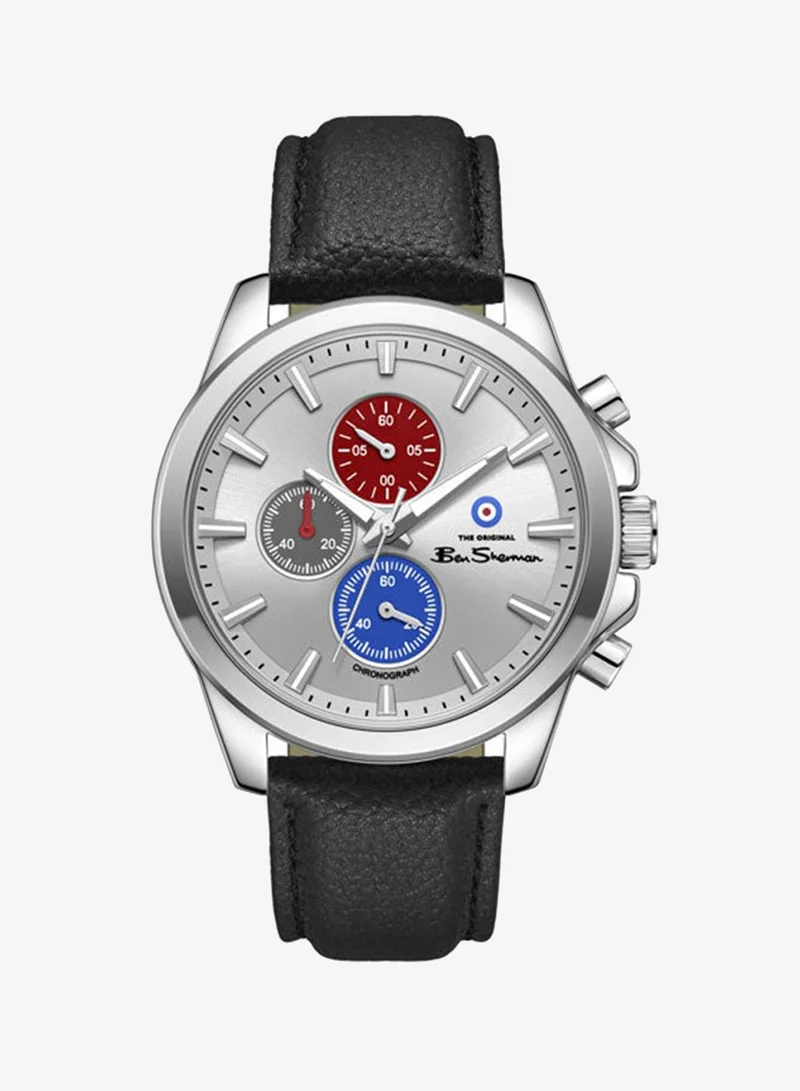 Ben Sherman Oxford Silver Dial Black Genuine Leather Strap Chronograph Watch for Men, 44mm