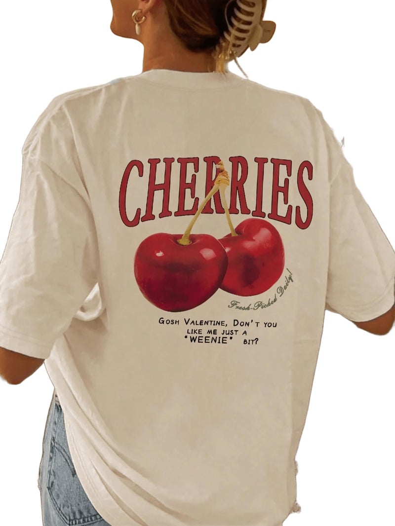 SXV STYLE Women Cotton 'Cherries' Printed Cool Aesthetic Oversized Baggy T-Shirt (XX-Large, Cream) - Image 1