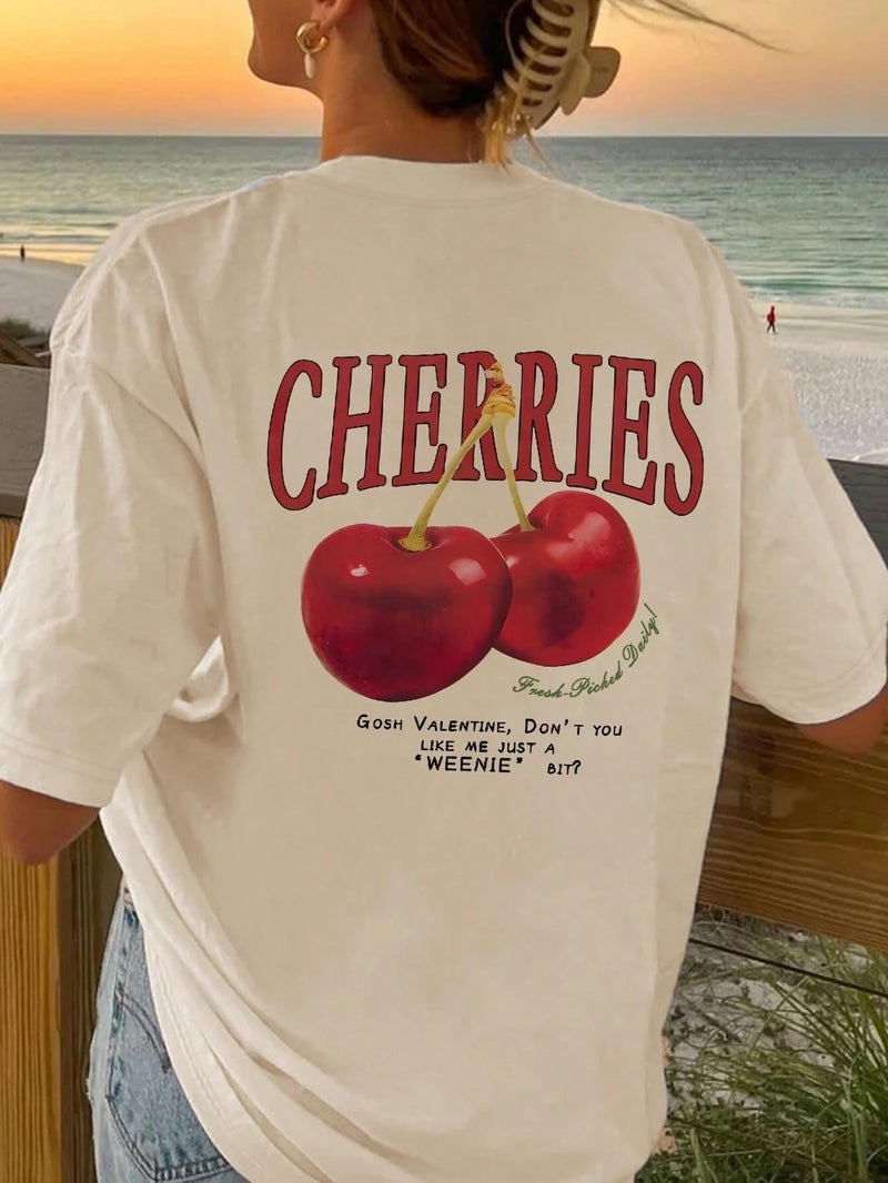 SXV STYLE Women Cotton 'Cherries' Printed Cool Aesthetic Oversized Baggy T-Shirt (XX-Large, Cream) - Image 2