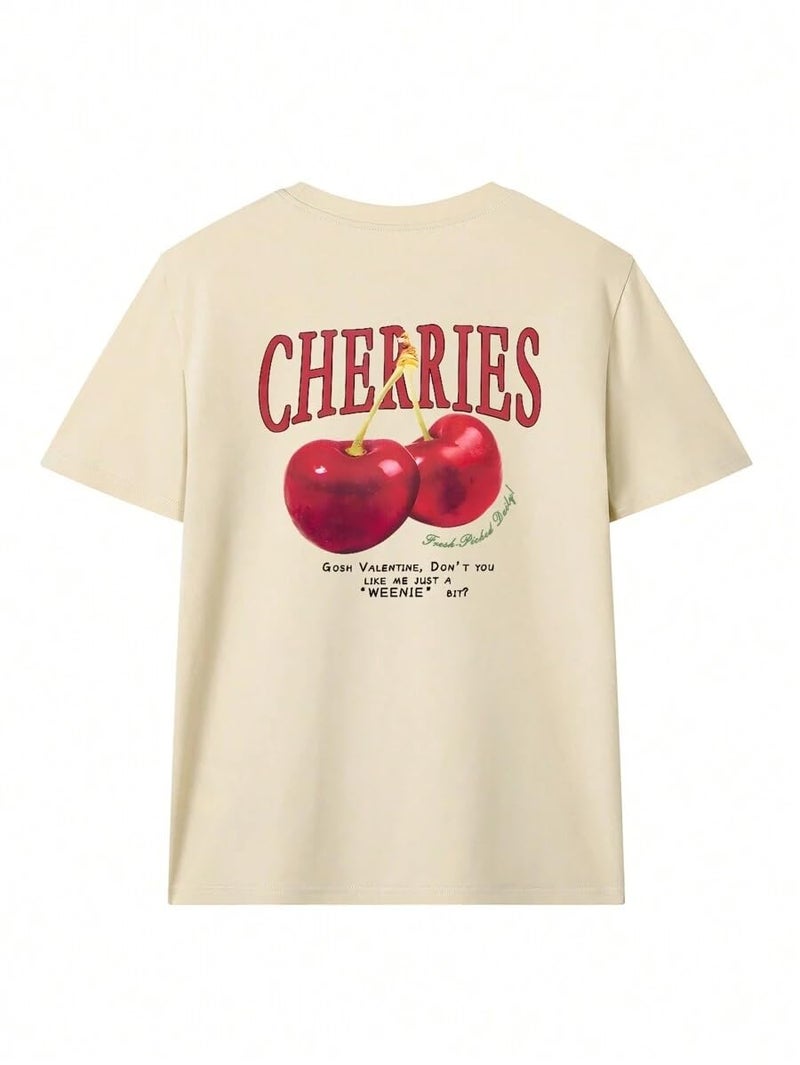 SXV STYLE Women Cotton 'Cherries' Printed Cool Aesthetic Oversized Baggy T-Shirt (XX-Large, Cream) - Image 4