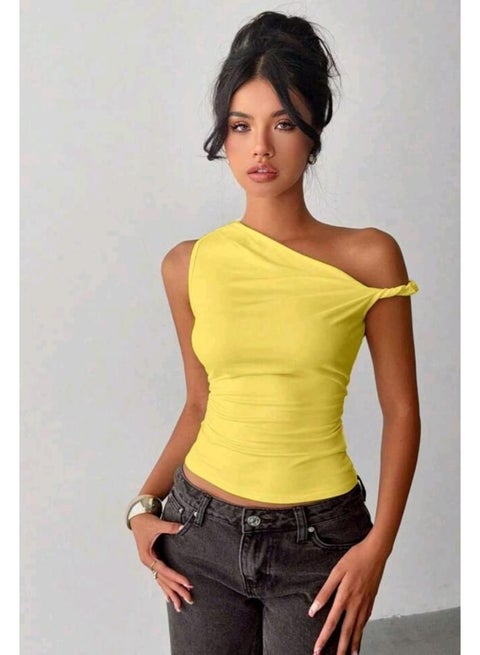 SHEIN Women's Solid Color Asymmetrical Shoulder Top, Fashionable Yellow Top For Summer