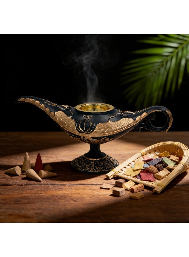 Luxury Black & Gold Aladdin Magic Lamp Incense Burner - Creative Mythical Design with Intricate Golden Embossed Patterns - Matte Black Base Bakhoor Burner - Premium Home Decor for Living Room & Office - Perfect Ramadan & Eid Gift - Collectible Desktop Ornament - Heat Resistant - Modern Middle Eastern Style - Image 2