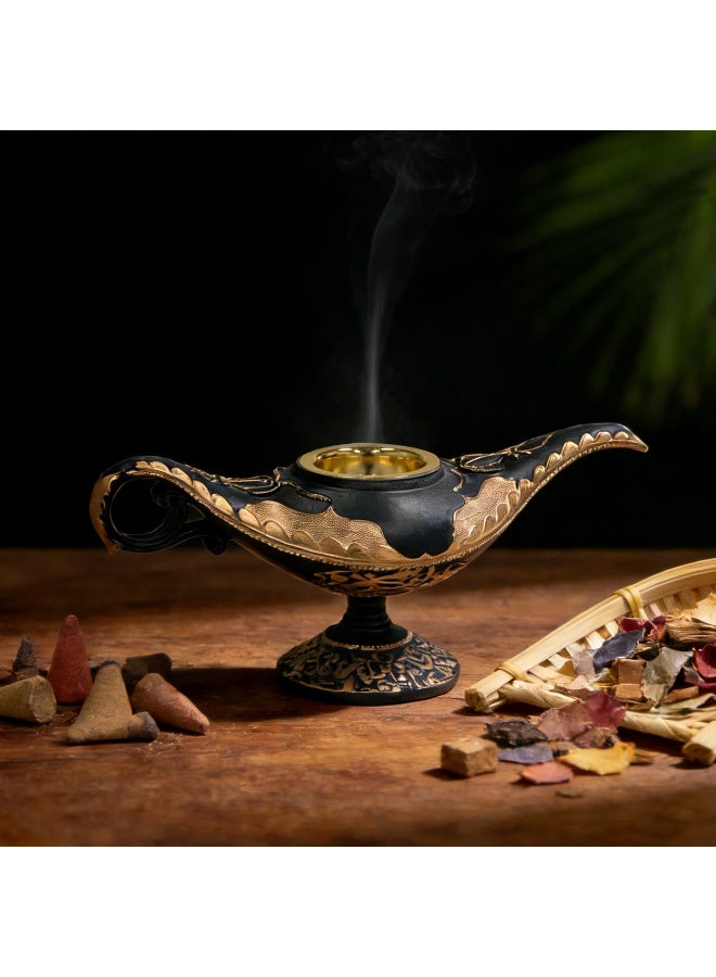 Luxury Black & Gold Aladdin Magic Lamp Incense Burner - Creative Mythical Design with Intricate Golden Embossed Patterns - Matte Black Base Bakhoor Burner - Premium Home Decor for Living Room & Office - Perfect Ramadan & Eid Gift - Collectible Desktop Ornament - Heat Resistant - Modern Middle Eastern Style - Image 1