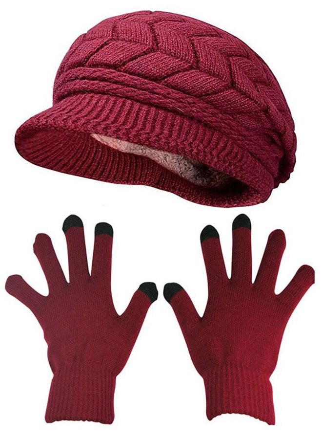 HINDAWI Winter Hat Gloves for Women Knit Warm Snow Ski Outdoor Caps Touch Screen Mittens Burgundy - Image 1