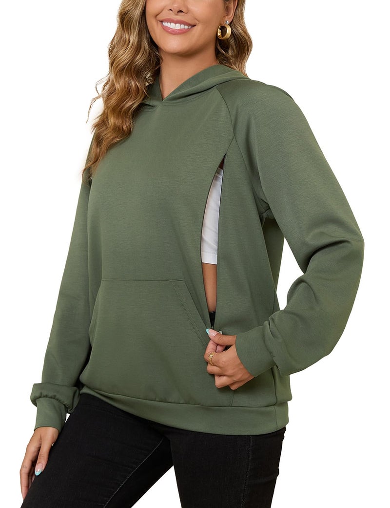 Bhome Nursing Sweatshirt Hoodie for Breastfeeding with Hidden Zippers Maternity Breast Pumping Tops Kangaroo PocketArmy Green L - Image 2
