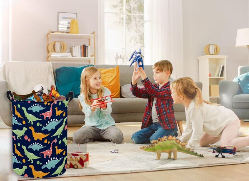 ESSME Dinosaur Laundry Basket Storage Bin large Collapsible Canvas Waterproof Coating Nursery hamper for Toy Bins,Baby hamper,Boys and Girls,Home Organizer.(Navy Blue dinosaur) - Image 2