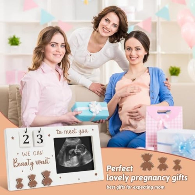 إطار صورة Sonogram مع العد التنازلي للحمل، إطار صور بالموجات فوق الصوتية 4 × 3، تذكار الحمل بطابع الدب مع بطاقات الأرقام ومجموعة بصمات اليد لحديثي الولادة، هدية للآباء المتوقعين، بني - Image 3