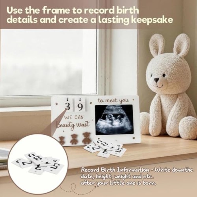 إطار صورة Sonogram مع العد التنازلي للحمل، إطار صور بالموجات فوق الصوتية 4 × 3، تذكار الحمل بطابع الدب مع بطاقات الأرقام ومجموعة بصمات اليد لحديثي الولادة، هدية للآباء المتوقعين، بني - Image 5