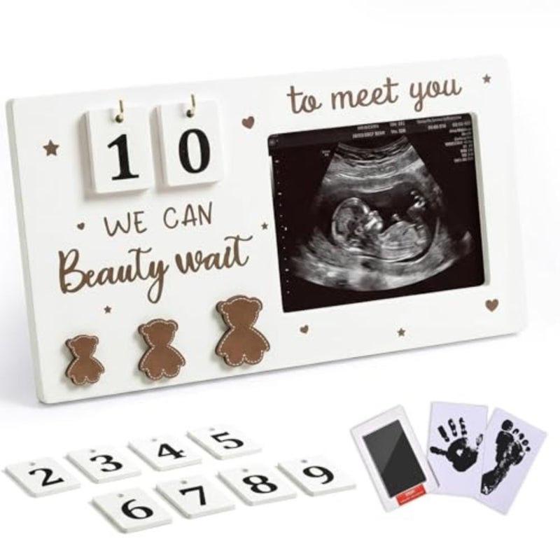 إطار صورة Sonogram مع العد التنازلي للحمل، إطار صور بالموجات فوق الصوتية 4 × 3، تذكار الحمل بطابع الدب مع بطاقات الأرقام ومجموعة بصمات اليد لحديثي الولادة، هدية للآباء المتوقعين، بني - Image 1
