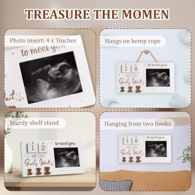إطار صورة Sonogram مع العد التنازلي للحمل، إطار صور بالموجات فوق الصوتية 4 × 3، تذكار الحمل بطابع الدب مع بطاقات الأرقام ومجموعة بصمات اليد لحديثي الولادة، هدية للآباء المتوقعين، بني - Image 4