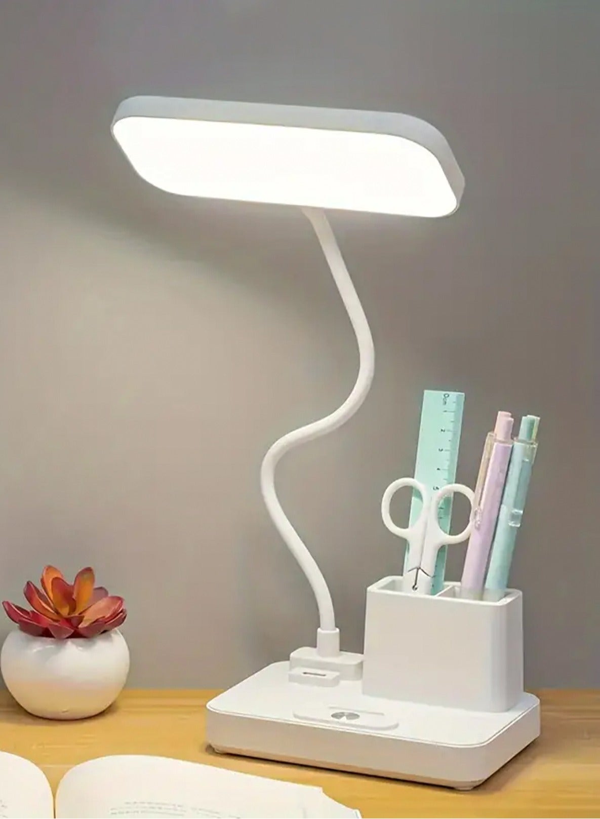 Gooseneck reading lamp with pen holder, touch sensitive home office desk lamp, 3 color modes, stepless dimming, USB port rechargeable battery powered home office desk lamp (gift: fan and pen holder)
