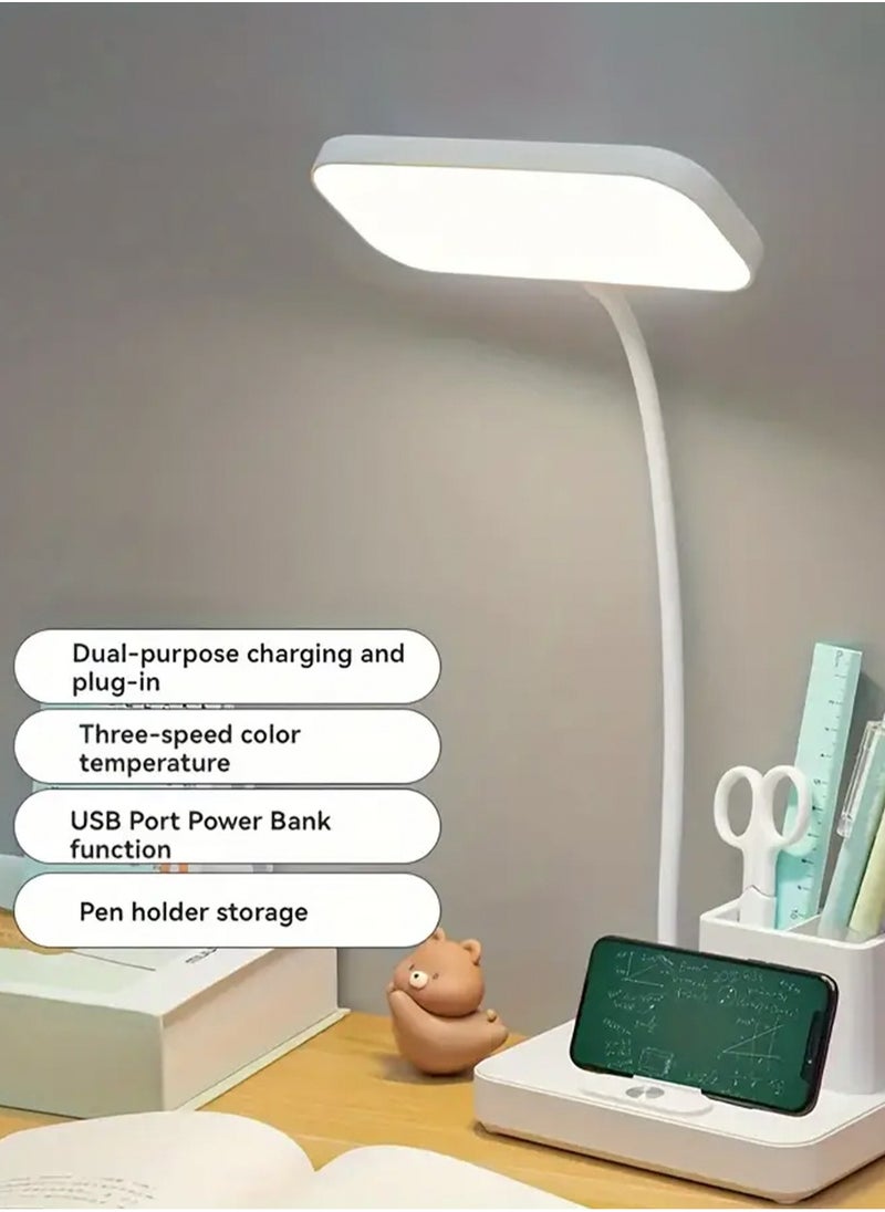 LOOPITYS - Gooseneck reading lamp with pen holder, touch sensitive home office desk lamp, 3 color modes, stepless dimming, USB port rechargeable battery powered home office desk lamp (gift: fan and pen holder) - Image 1