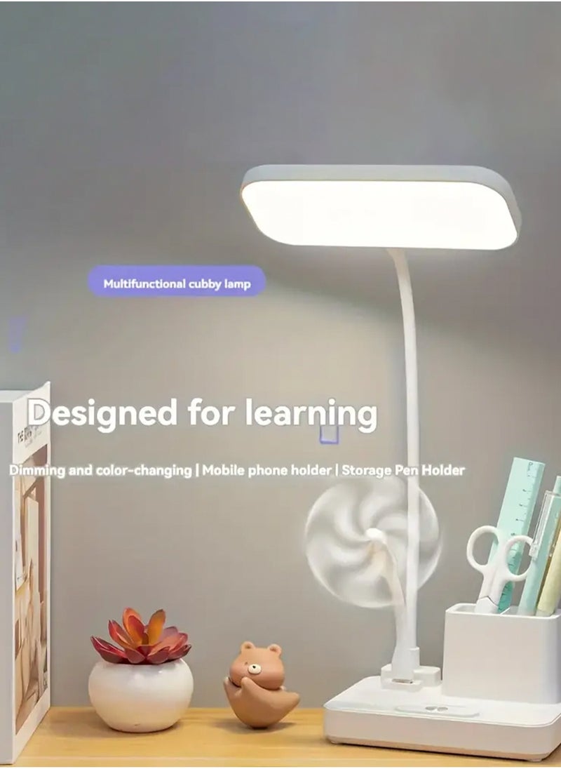 LOOPITYS - Gooseneck reading lamp with pen holder, touch sensitive home office desk lamp, 3 color modes, stepless dimming, USB port rechargeable battery powered home office desk lamp (gift: fan and pen holder) - Image 1