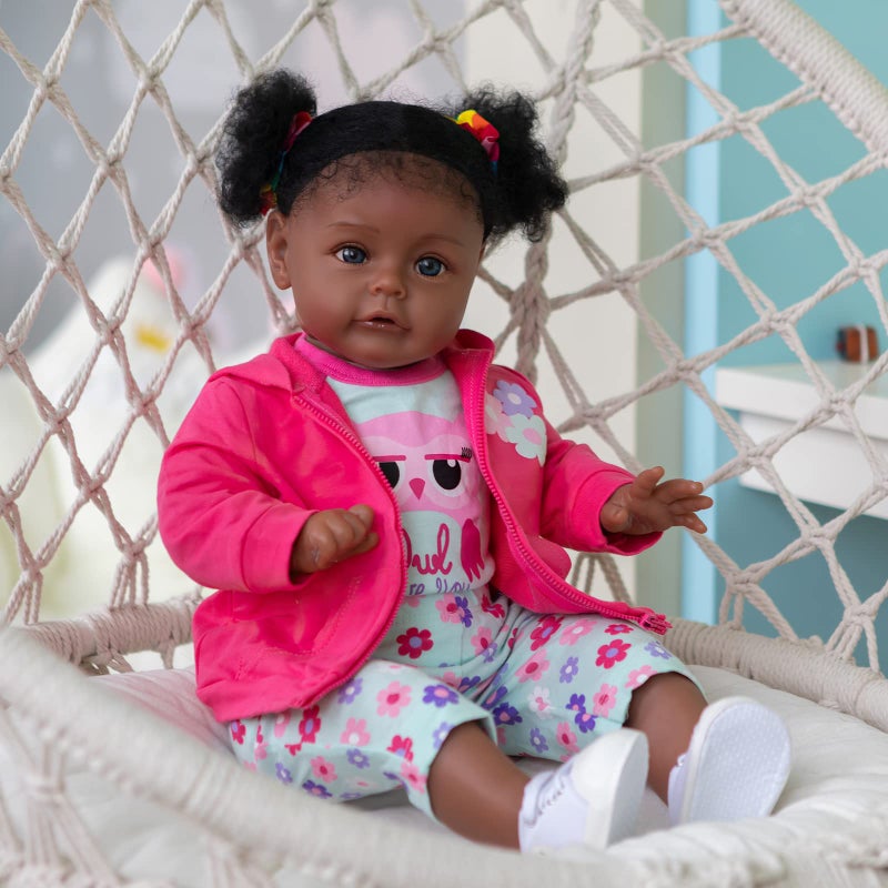TERABITHIA 24 Inch Huge Size Rooted Curly Hair Lifelike African American Newborn Toddler Girl Dolls with Soft Cloth BodyDark Brown Skin Realistic Reborn Baby Doll Child Birthday Gift Set - Image 3